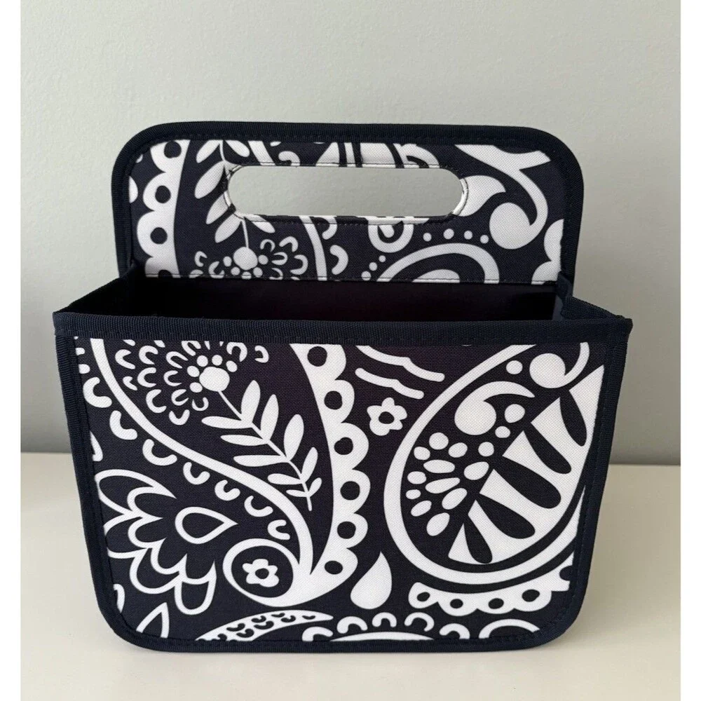 Thirty One Double Duty Caddy Navy Blue and White Paisley Mesh Pockets Top Handle